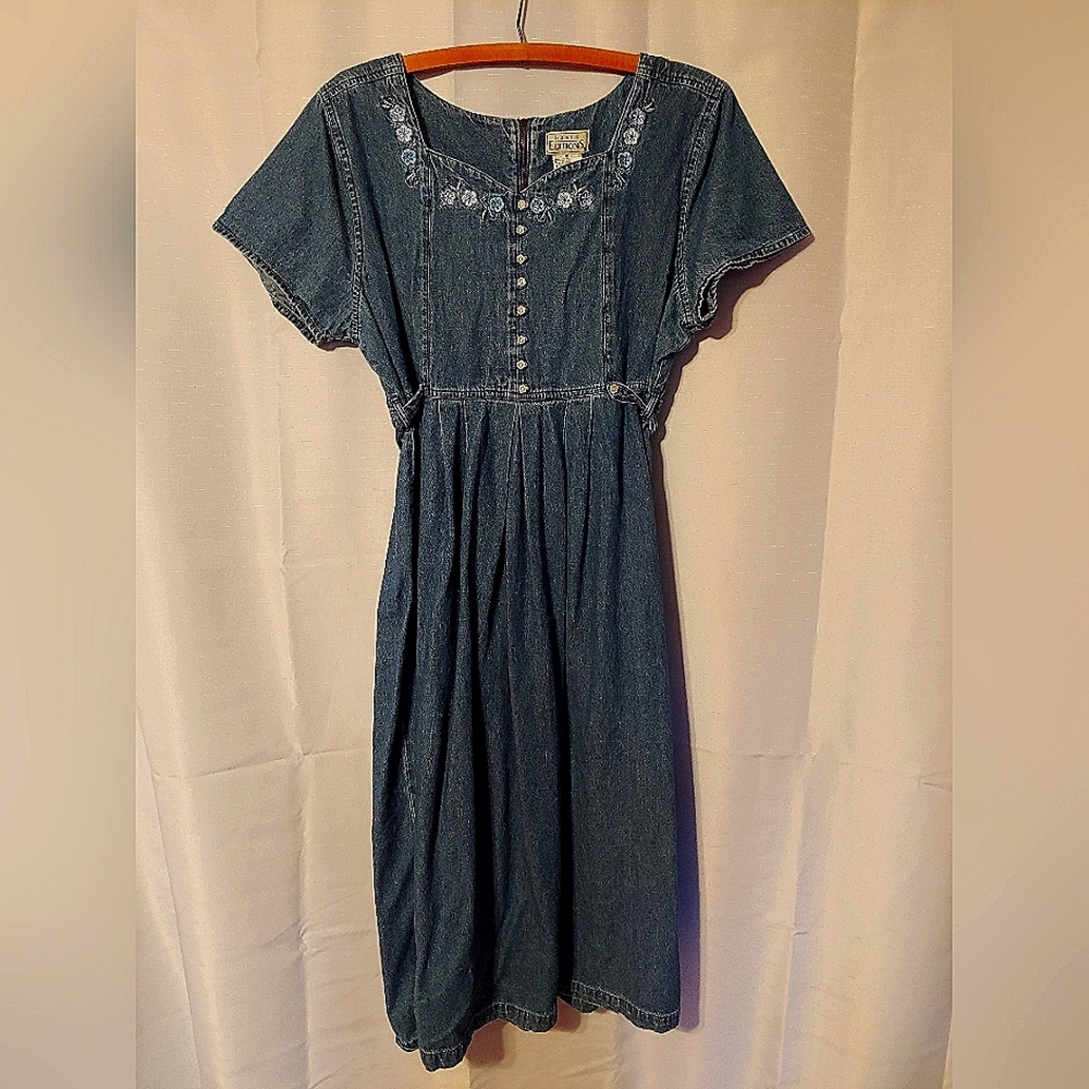 Long denim blue embroidered Basic Editions dress with little flower buttons